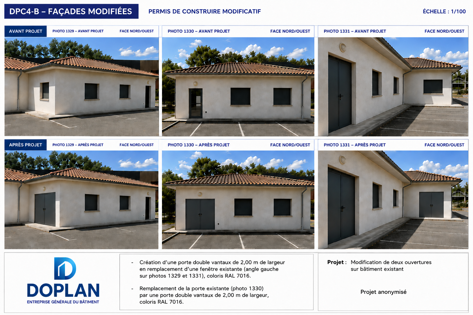 Exemple anonymisé de façades avant et après pour permis modificatif
